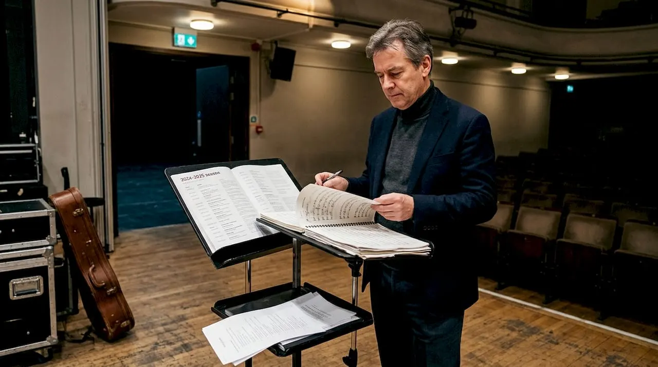 Chef d’orchestre en coulisses planifiant une saison de concerts