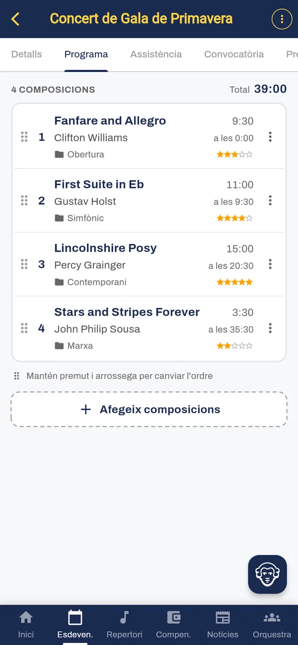 Programa de concert amb les hores d'inici i la durada total