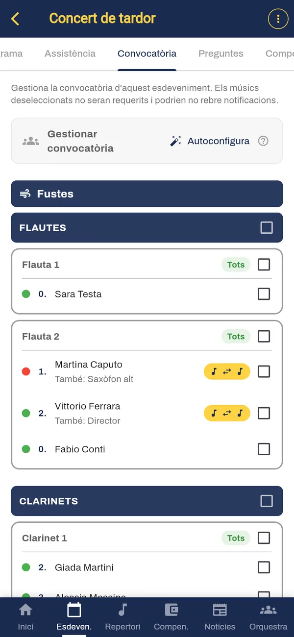 Pestanya Formació d'un esdeveniment amb configuració automàtica