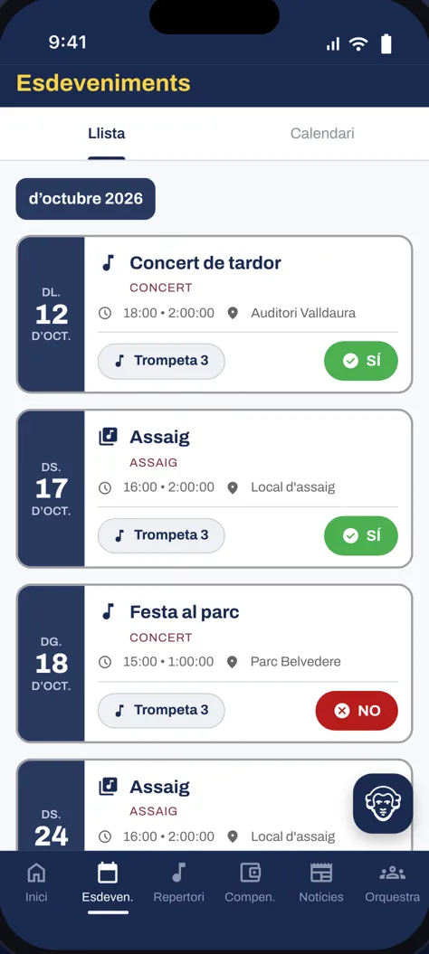Llista d'esdeveniments amb respostes sí/no d'un sol toc