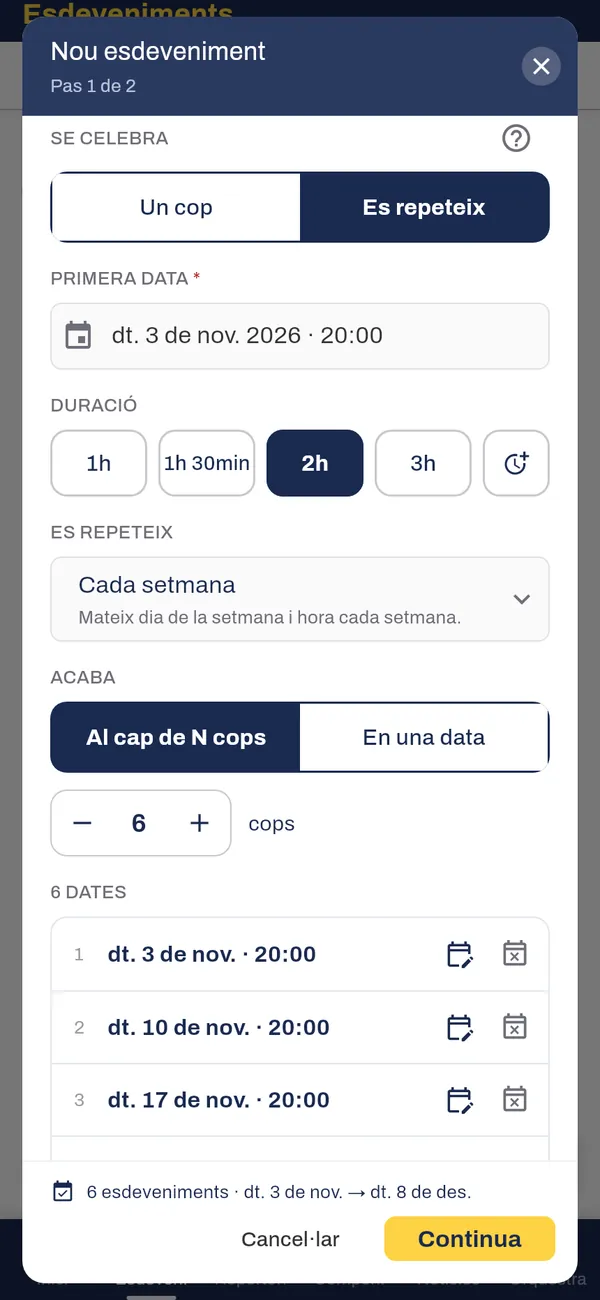 Esdeveniment nou que es repeteix cada setmana, sis dates