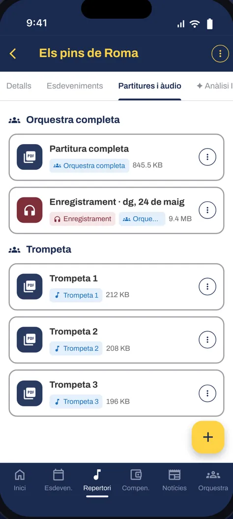 Partitures i enregistraments per a cada particel·la de trompeta