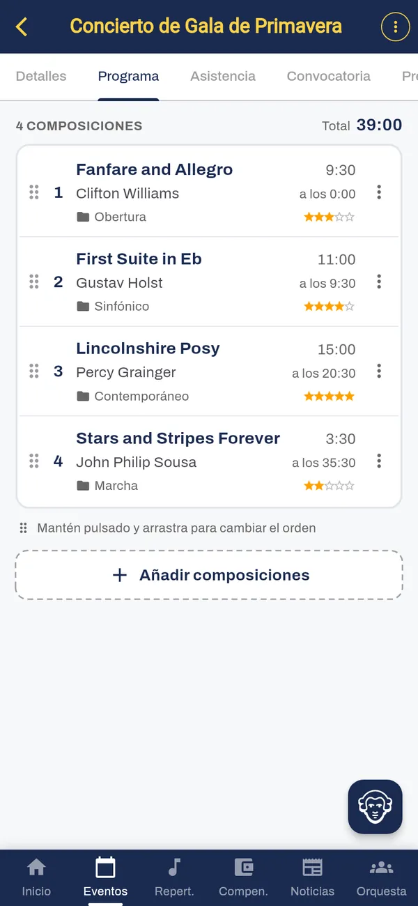 Programa de concierto con horas de inicio y duración total