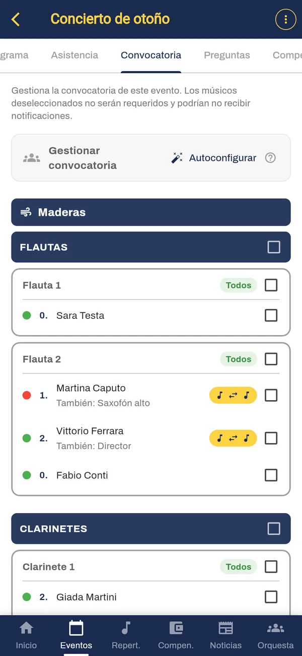 Formación de un evento, creada a partir de lo que pide cada posición