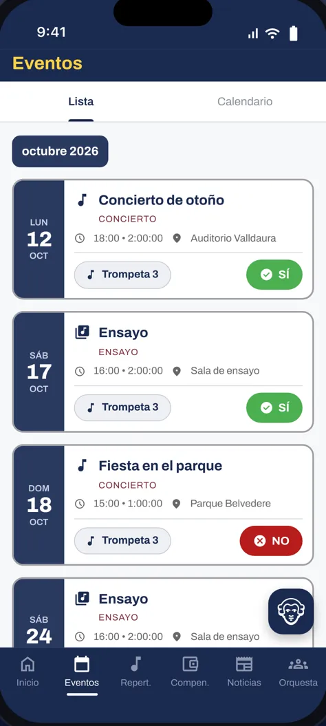 Lista de eventos con respuestas de sí o no en un toque