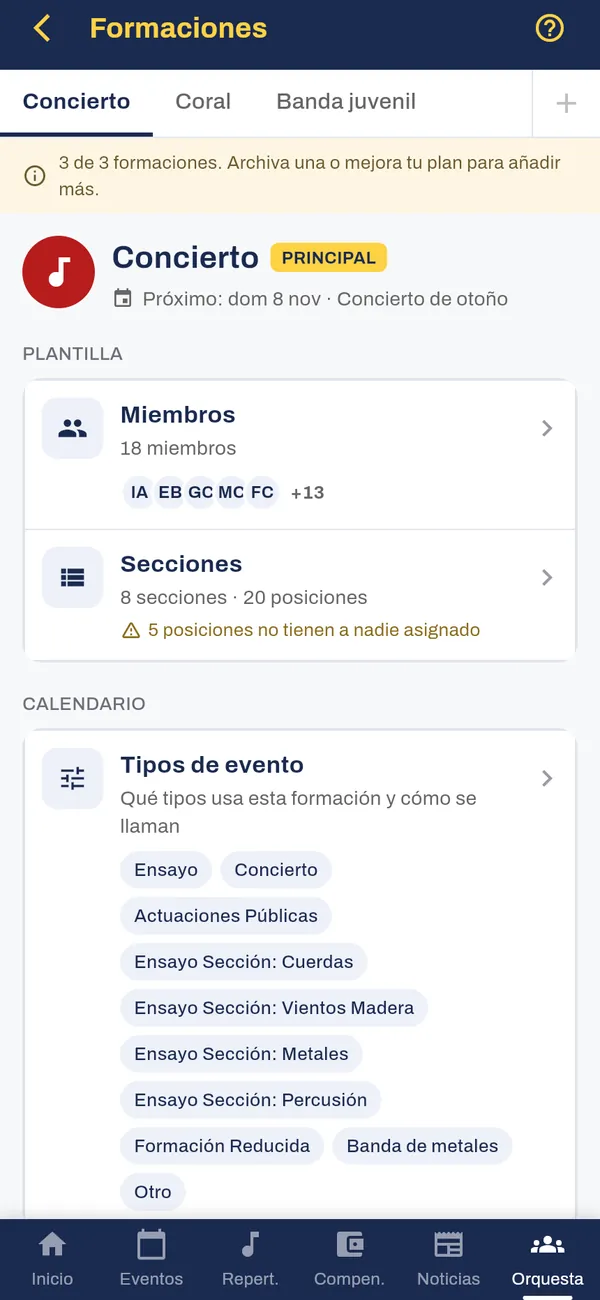 Formaciones: banda de concierto, coro, banda juvenil