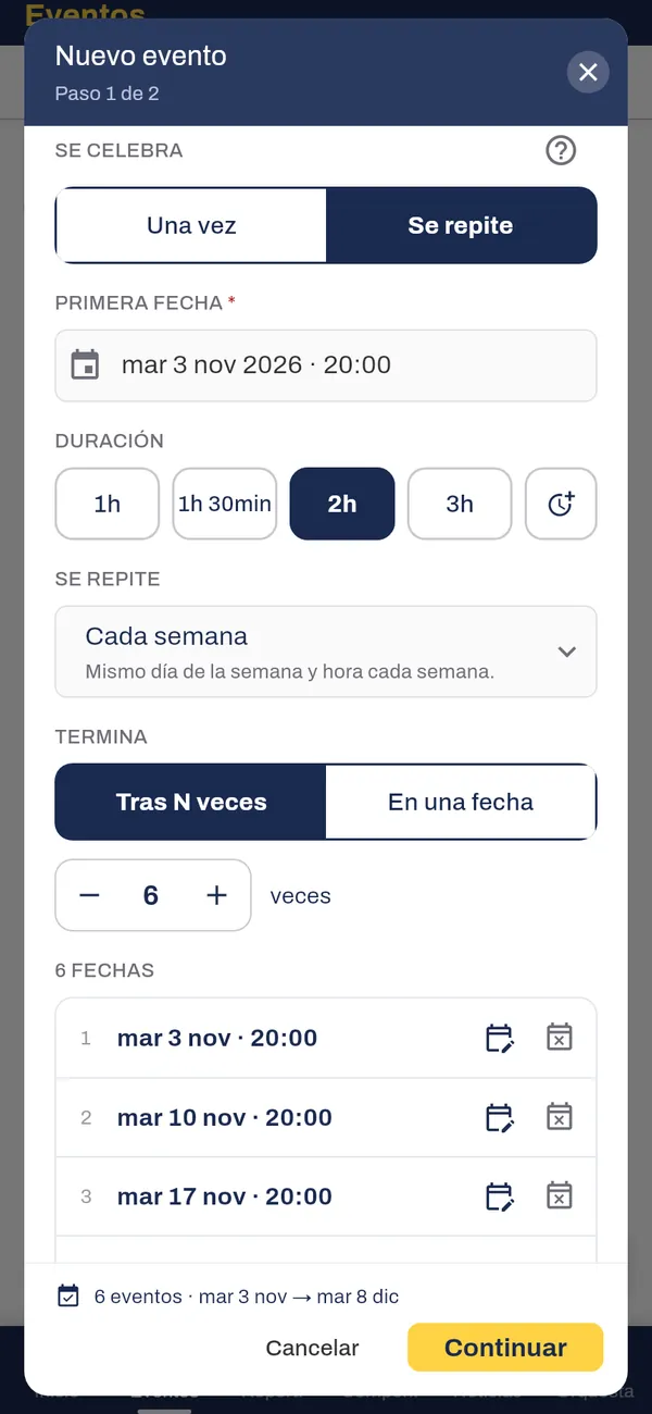 Nuevo evento que se repite cada semana