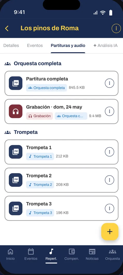 Partitura general, grabación y particellas de cada trompeta