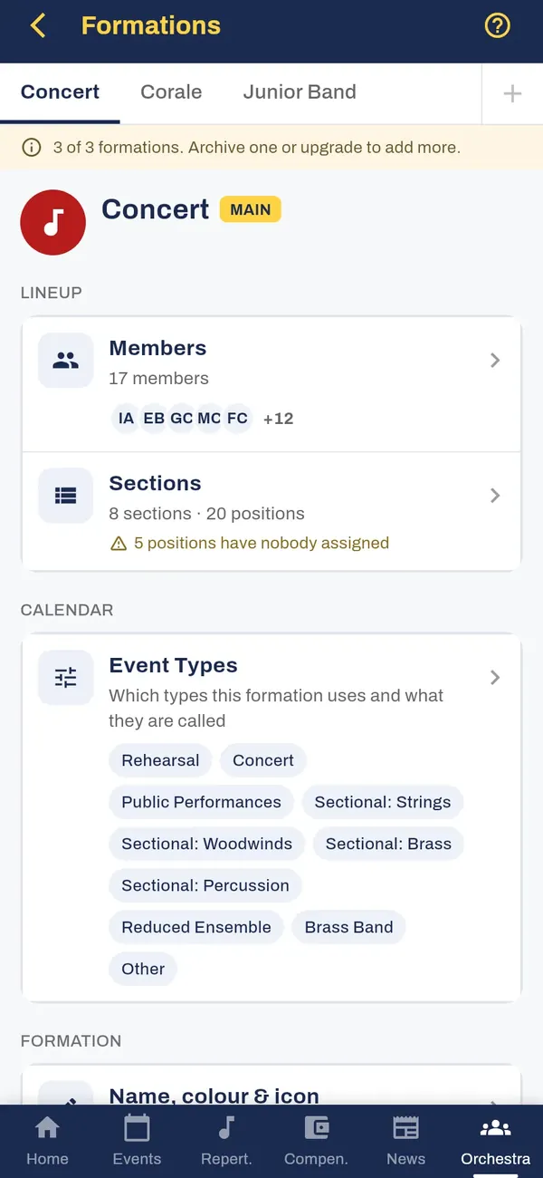 Formations: concert band, choir, junior band
