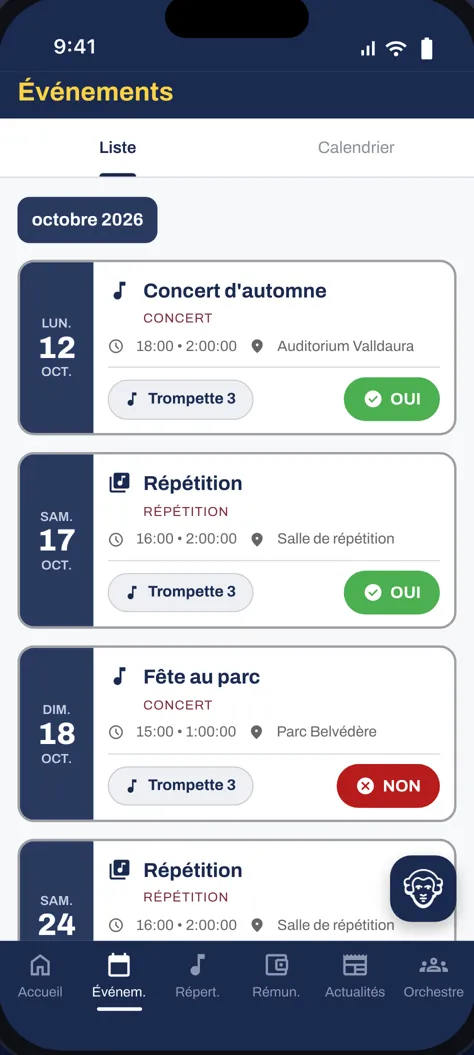 Liste des événements avec réponse oui/non en un geste