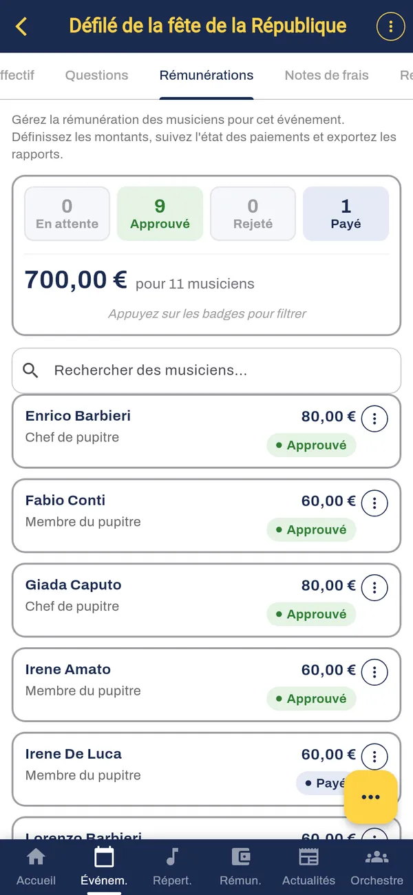 Rémunération d’un événement, approuvée et payée