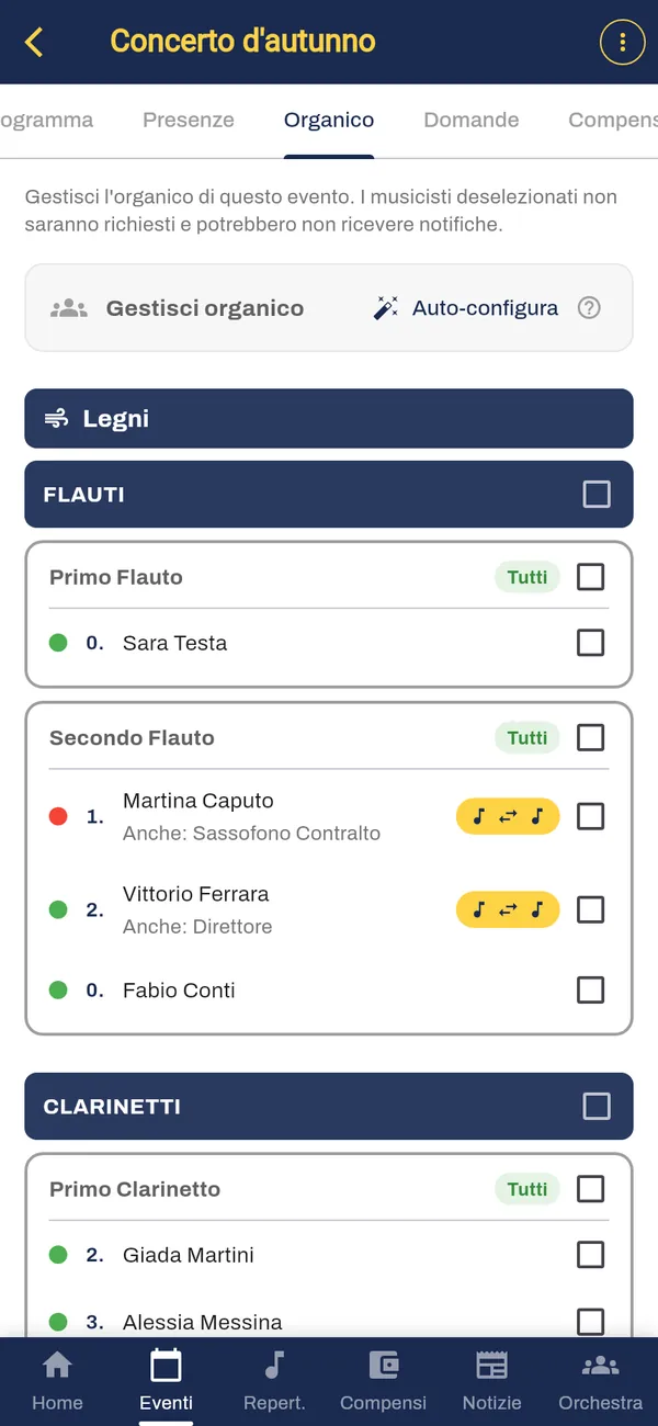 Formazione di un evento, composta in base ai requisiti di posizione