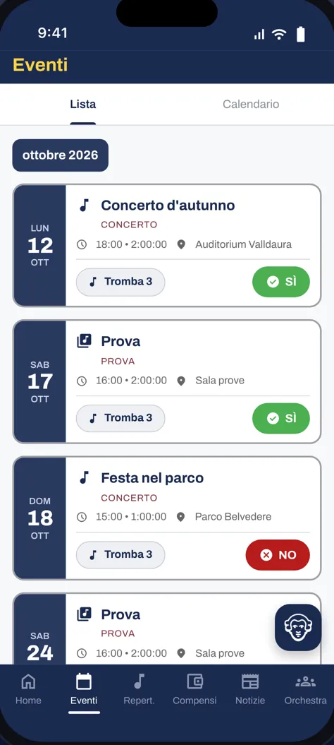 Elenco degli eventi con risposta sì/no in un tocco