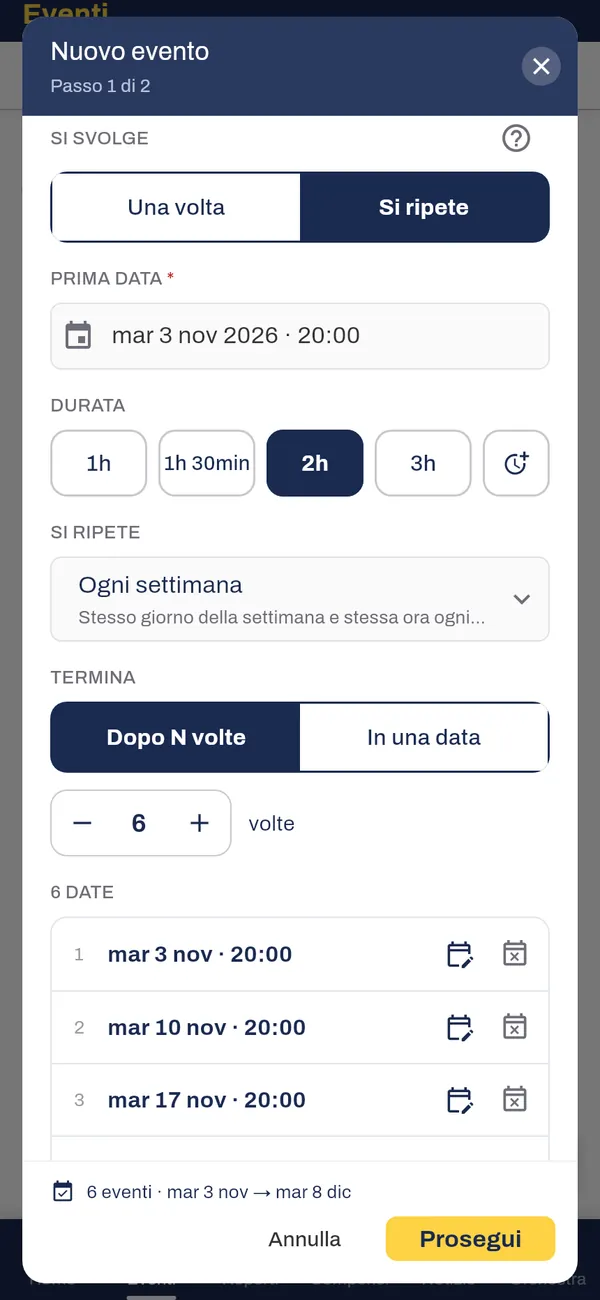 Nuovo evento che si ripete ogni settimana