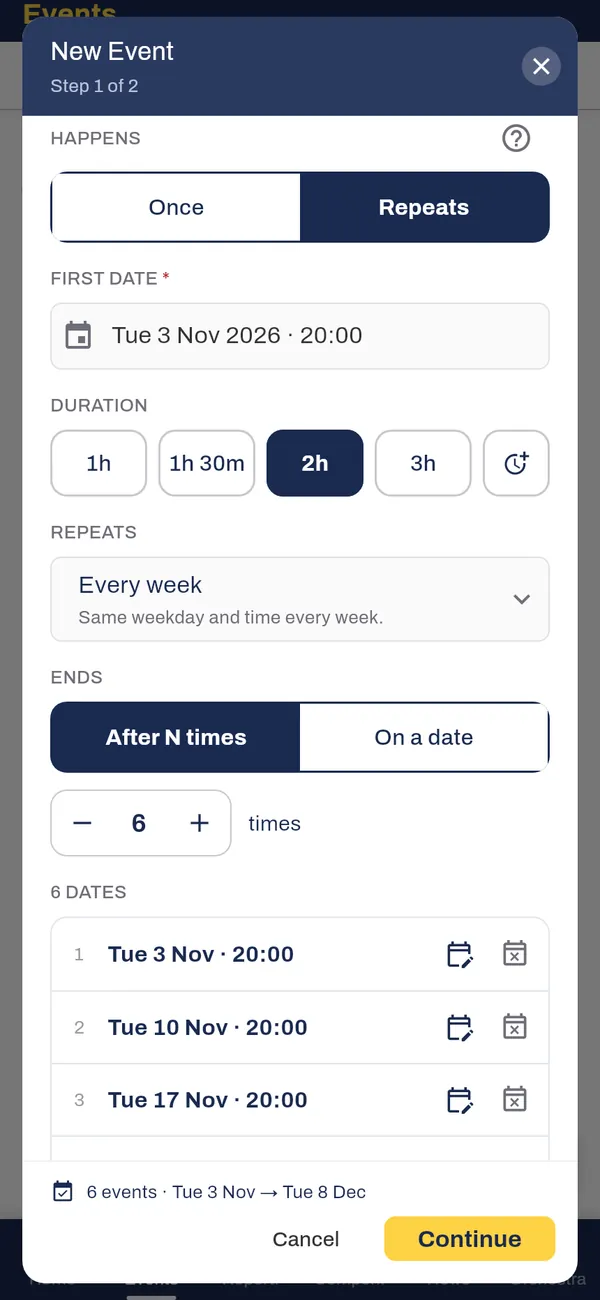 New event repeating every week