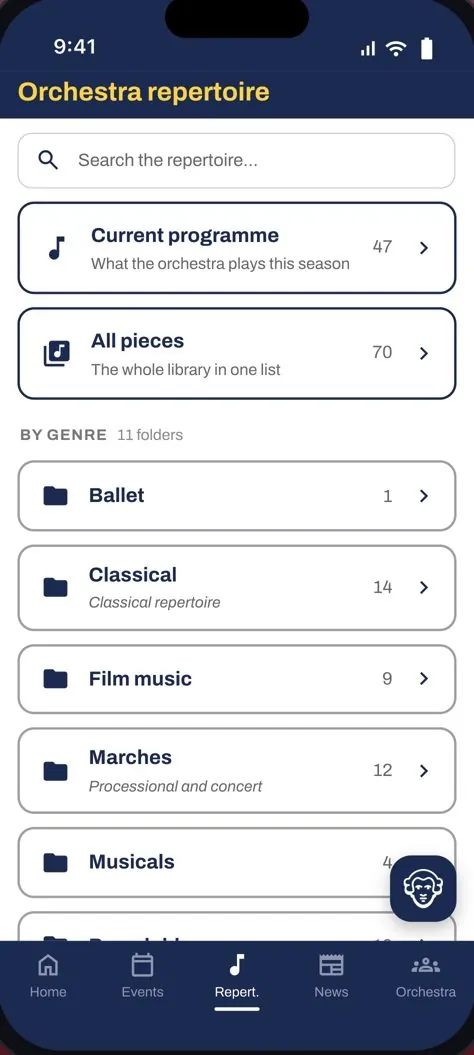 Repertoire library sorted by genre